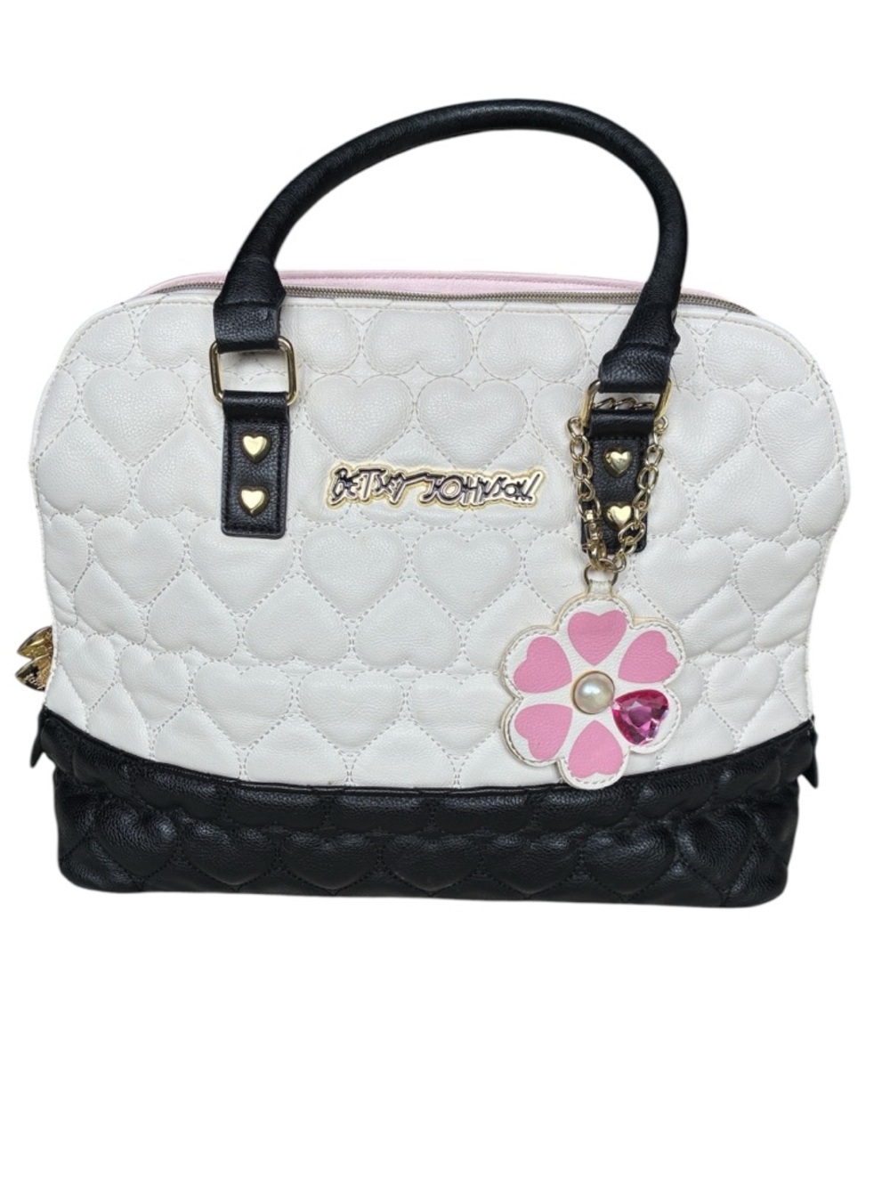Betsey Johnson Women's White Black Heart Quilted Satchel Purse